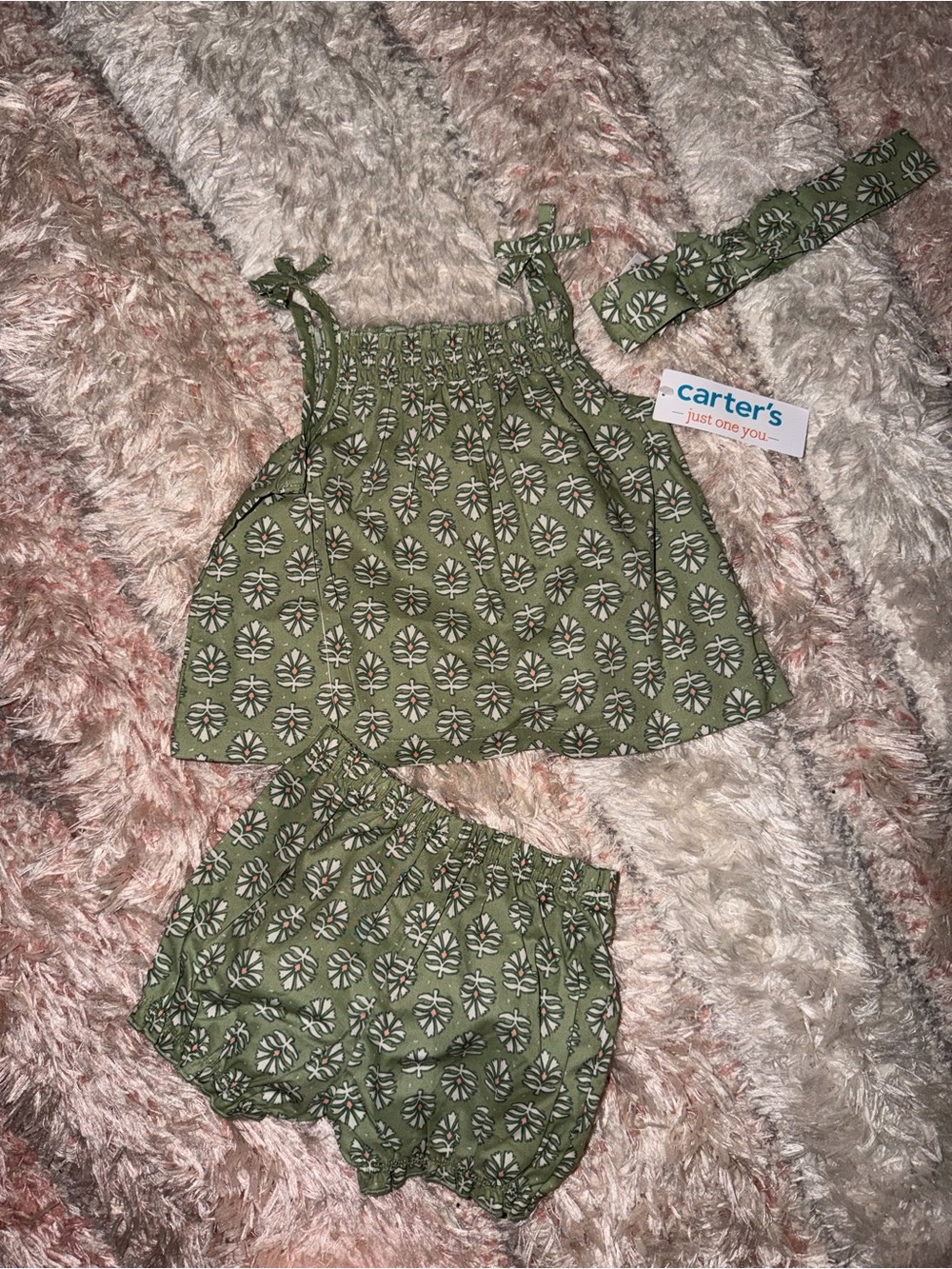 Carter's Olive Green Floral Tank, Shorts & Headband Set